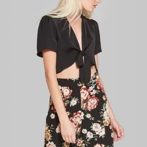 Black Short Sleeve Tie Front Satiny Cardigan NWOT